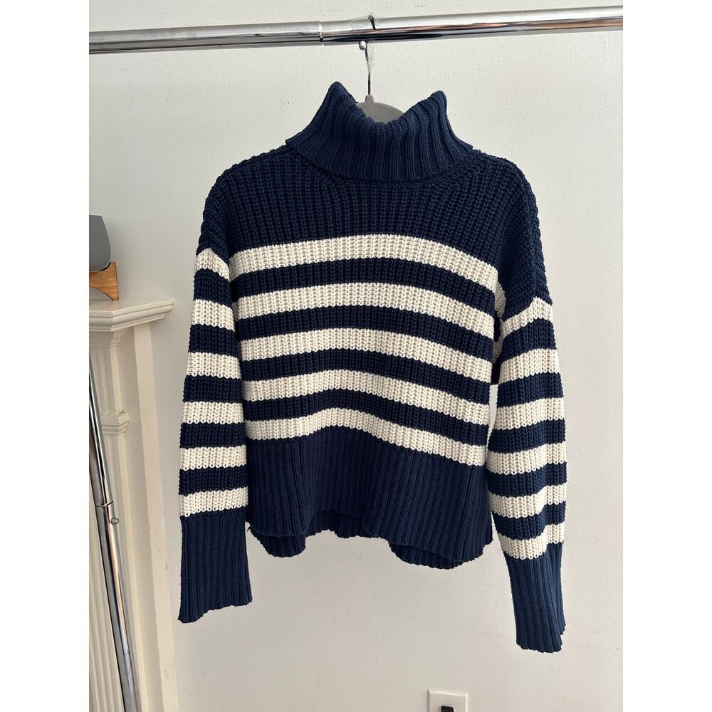 Madewell Striped Turtleneck Sweater XXS Navy Blue Ivory Chunky Knit Pullover - Picture 3 of 9